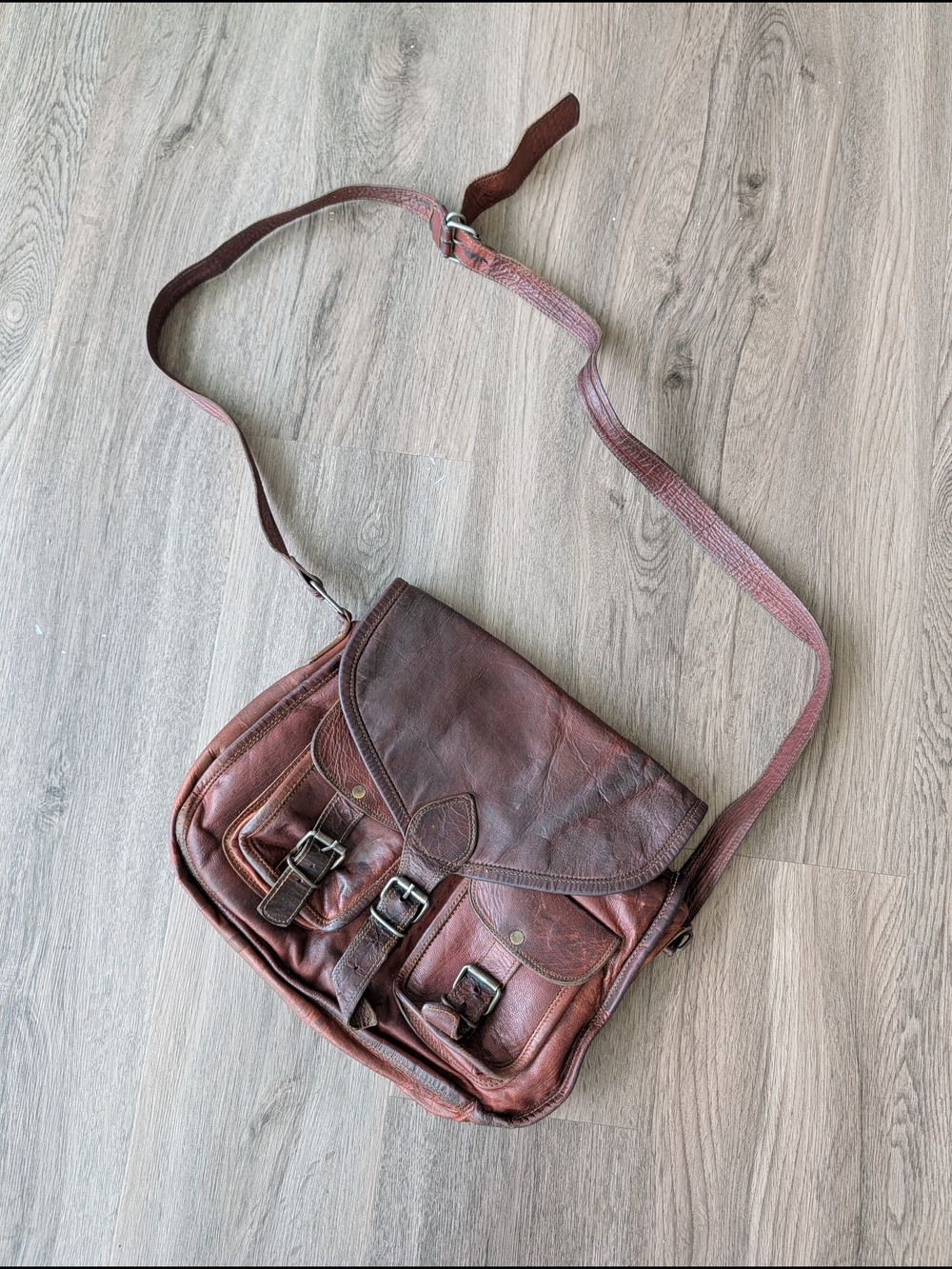 Vintage Komal's Rustic Well Loved Brown Genuine Leather Satchel Messenger Bag